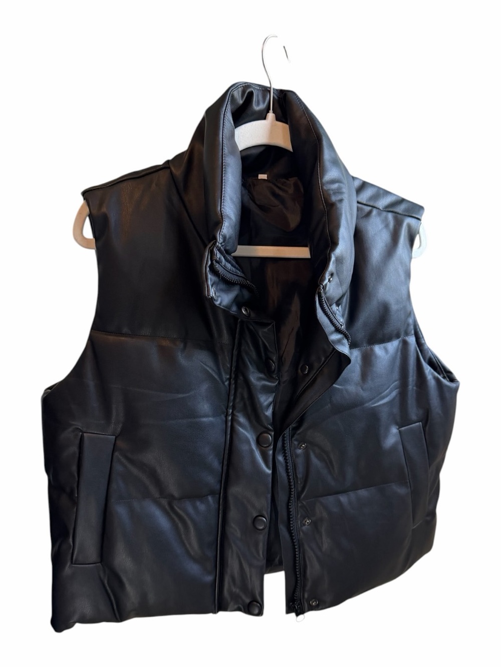 Women's Black Puffer Vest - Faux Leather- with High Collar